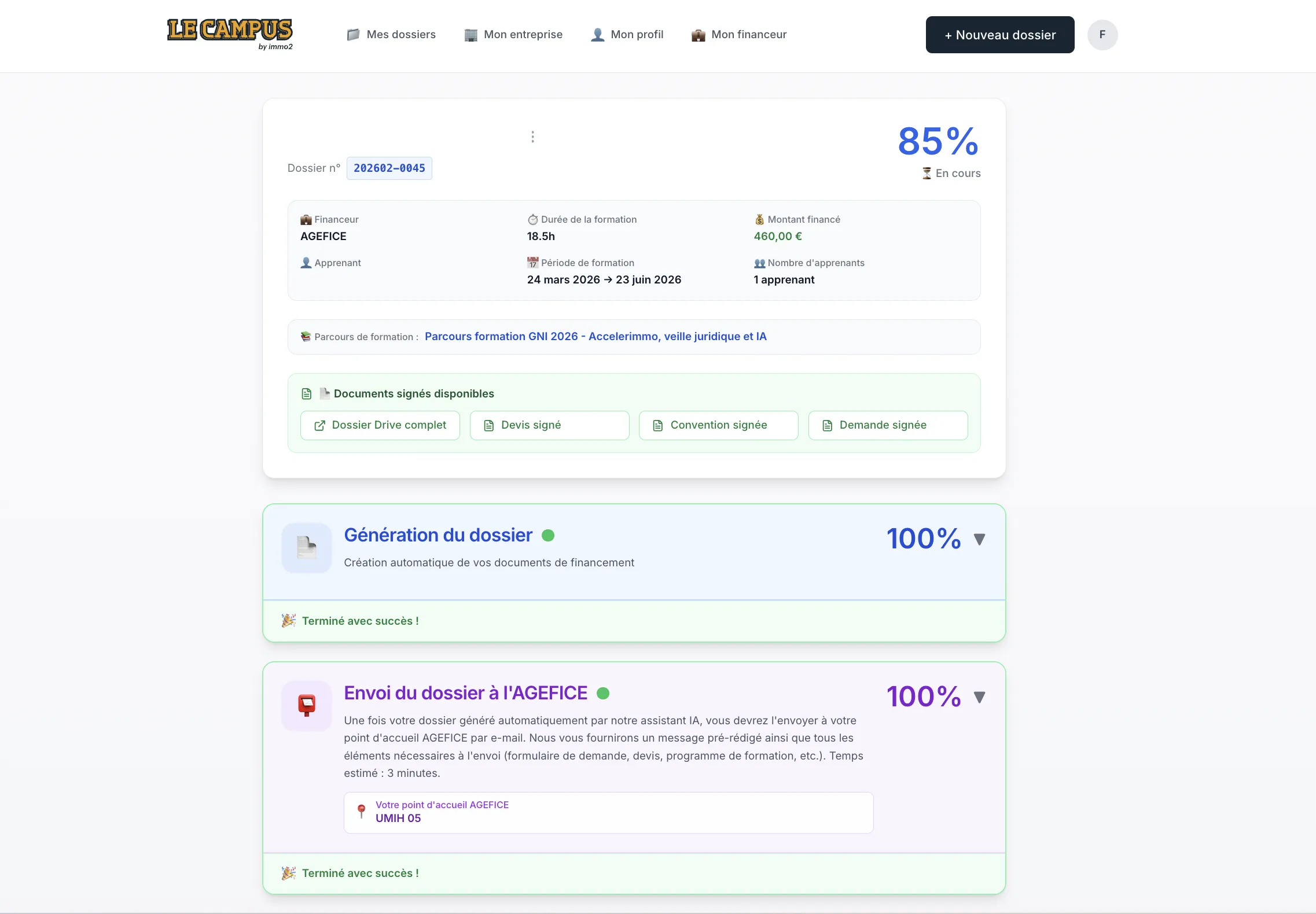 Interface de suivi des dossiers de financement — tableau de bord avec progression, documents signés et statut du dossier AGEFICE