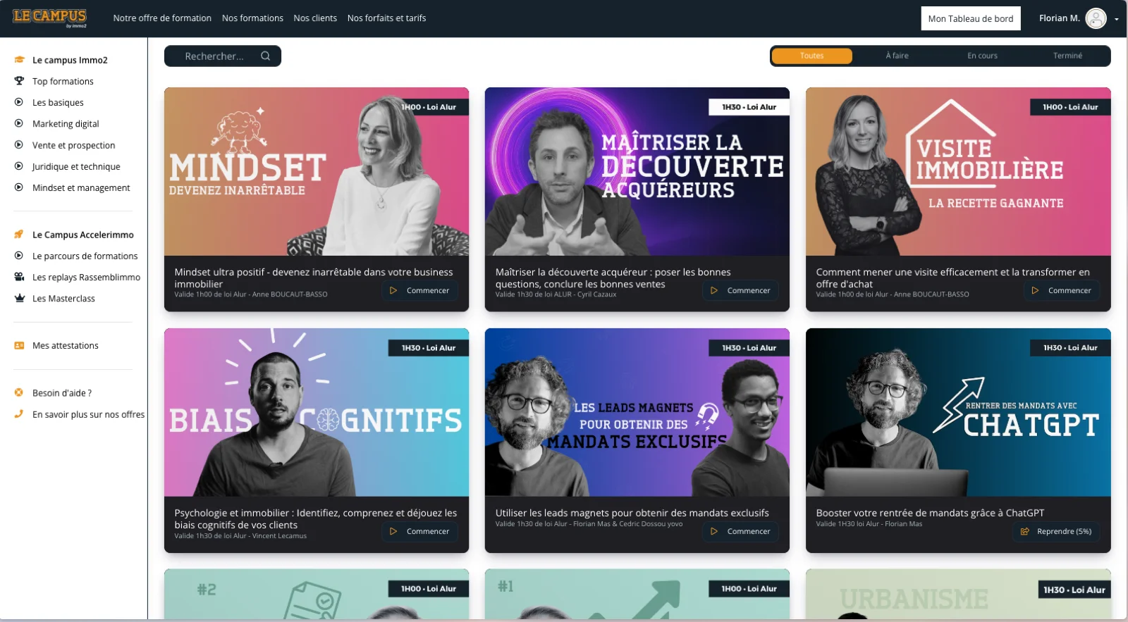 Tableau de bord de formation Le Campus — catalogue e-learning immobilier
